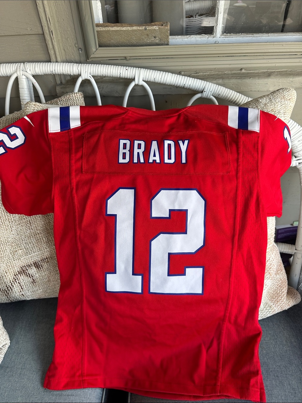 Nike Brady Kids Red Football Jersey with White #12 and Blue Trim - Picture 4 of 5